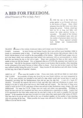 Account produced by Fred Hirst - Editor of Manchester Veteran - Newletter of 8th Army Veterans Association - Allied P.O.W.'s in Italy - A Bid for Freedom; 37486 Account produced by Fred Hirst - Editor of Manchester Veteran - Newletter of 8th Army Veterans Association - Allied P.O.W.'s in Italy - A Bid for Freedom; 37486