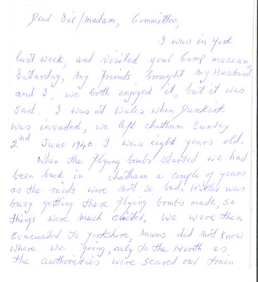 Letter - account of being evacuated from Chatham, Kent to Wales - 1940 - and then to Yorkshire 1944; 37499 Letter - account of being evacuated from Chatham, Kent to Wales - 1940 - and then to Yorkshire 1944; 37499