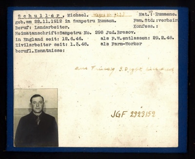 German P.O.W. record card - Michael Schuller - Rumanian - Dob 22/11/1912; 6625 German P.O.W. record card - Michael Schuller - Rumanian - Dob 22/11/1912; 6625