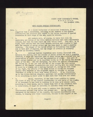 Letter - from chief constable to members of the West Riding special Constabulary re: wartime duties - 04/12/1944; 4/12/1944; 2792