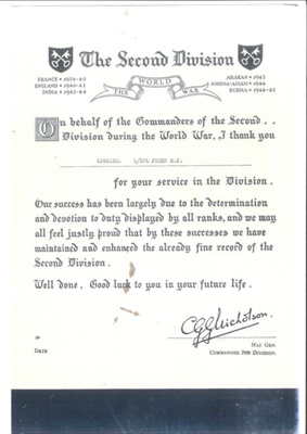Certificate of thanks (photocopy) - to L/Cpl N.S. Fryer from maj gen Nicholson - Commander 2nd Division; 36501 Certificate of thanks (photocopy) - to L/Cpl N.S. Fryer from maj gen Nicholson - Commander 2nd Division; 36501