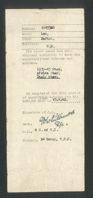 Medal authorisation slip - L.A.C. N.R. Rafton R.A.F. - "1939-45 Star" - "Africa Star" - "Italy Star" - 15/08/1942; 15/08/1942; 7699 Medal authorisation slip - L.A.C. N.R. Rafton R.A.F. - "1939-45 Star" - "Africa Star" - "Italy Star" - 15/08/1942; 15/08/1942; 7699