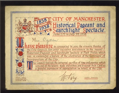 Certificate - city of Manchester historical pagaent and searchlight spectacle 1838-1938 - 27/06/1938; 27/06/1938; 9616 Certificate - city of Manchester historical pagaent and searchlight spectacle 1838-1938 - 27/06/1938; 27/06/1938; 9616
