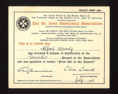 Certificate - St. John Ambulance Association - awarded to Alfred Moverly - "First aid to the injured" - July 1943; 1/07/1943; 5553 Certificate - St. John Ambulance Association - awarded to Alfred Moverly - "First aid to the injured" - July 1943; 1/07/1943; 5553