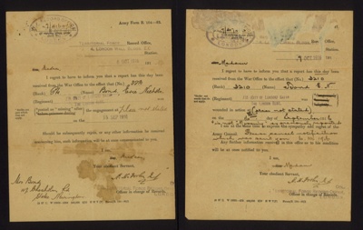 WW1 army forms (2) - "Missing in action" 15/09/1916 & "Wounded in action" 16/09/1916 - Pte E.N. Bond - 7th city of London Bn - the London Regiment; 15/09/1916; 7611