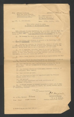 Enlistment instructions - issued to John Stephenson on call up to R.A.F. 30/04/1940; 30/04/1940; 34395 Enlistment instructions - issued to John Stephenson on call up to R.A.F. 30/04/1940; 30/04/1940; 34395