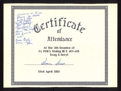 Certificate of attendance - 5th reunion of ex-P.O.W.'s Stalag IIId 401-408 - 22/04/1989; 22/04/1989; 17540