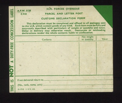 Customs declaration form A.F.W. 5128 - H.M. Forces overseas; 2495 Customs declaration form A.F.W. 5128 - H.M. Forces overseas; 2495
