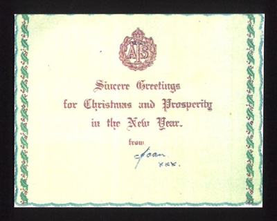 Christmas card - "A.T.S." - Auxiliary Territorial Service; 5447 Christmas card - "A.T.S." - Auxiliary Territorial Service; 5447