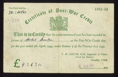 Certificate of post war credit 1942-1943 -Herbert Mountain - 08/02/1944; 8/02/1944; 5242