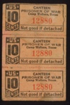 P.O.W. camp canteen tickets (3) - Camp Wolters - Texas - 10 cents - no: 12880; 5186 P.O.W. camp canteen tickets (3) - Camp Wolters - Texas - 10 cents - no: 12880; 5186