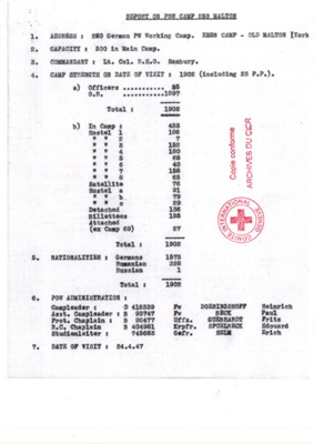 Photocopy of a report on Eden Camp on 24 April 1947. Includes record of POW numbers and inspection of facilities. from the ICRC - Red Cross; 64027