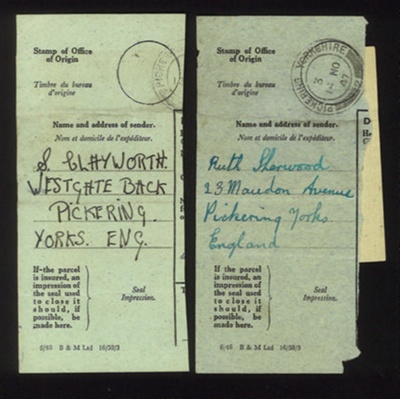 2 X proof of posting for parcels to Germany Glanz family 1947. both sent from Pickering; 71538
