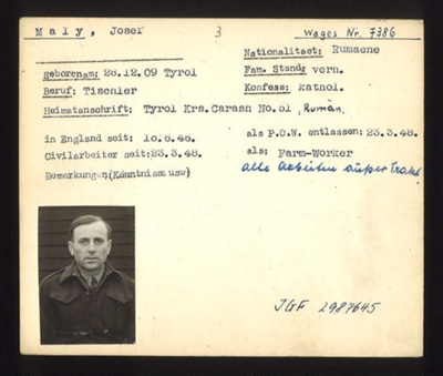 German P.O.W. record card - Josef Maly - Rumanian - dob 28/12/1909; 1949