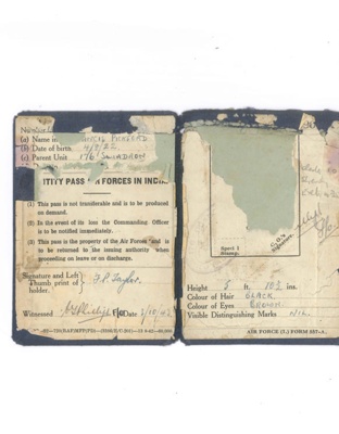 R.A.F. form 557a - identity pass - Air Forces in India - Francis pickford Taylor - 176 squadron R.A.F. - 03/10/1943; 3/10/1943; 34897