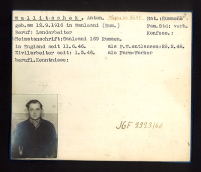 German P.O.W. record card - Anton Wallitschek - Rumanian - Dob 12/09/1916; 6641