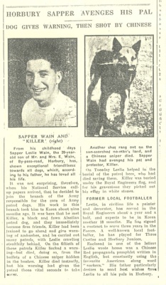 Copy of 3 press cuttings - Les Wain and his dog "Killer" in Korea - 1952 & his return trip in the 1990s; 36711 Copy of 3 press cuttings - Les Wain and his dog "Killer" in Korea - 1952 & his return trip in the 1990s; 36711