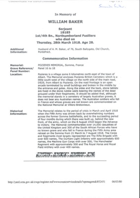 Internet source - CWGC information on William Baker - 1st/4th Bn Northumberland Fusliers - killed in action 28/03/1918; 28/03/1918; 34663 Internet source - CWGC information on William Baker - 1st/4th Bn Northumberland Fusliers - killed in action 28/03/1918; 28/03/1918; 34663