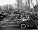 Photograph - U.S. war material for the invasion of Europe - amphibious jeeps parked in rows; 2637