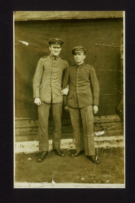 Photograph - two German P.O.W.s - reportedly at Harperley P.O.W. camp no: 93 - March 1918; 1/03/1918; 7707 Photograph - two German P.O.W.s - reportedly at Harperley P.O.W. camp no: 93 - March 1918; 1/03/1918; 7707
