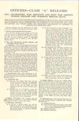 Information leaflet - "Officers - Class "A" releases - pay - allowances - war gratuity - post war credits etc; 35964 Information leaflet - "Officers - Class "A" releases - pay - allowances - war gratuity - post war credits etc; 35964