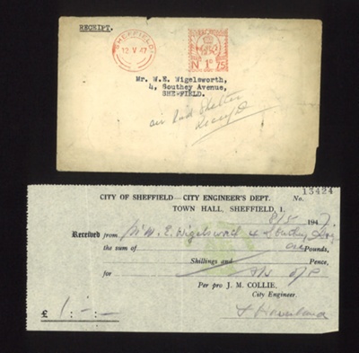 Receipt (in envelope) - sale of air raid shelter - £1:0s:0d - Mr. W.E. Wigelsworth - 08/05/1947; 8/05/1947; 6446