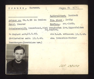 German P.O.W. record card - Hermann Krause - German - dob 24/08/1925; 1948 German P.O.W. record card - Hermann Krause - German - dob 24/08/1925; 1948