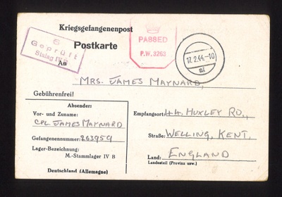 Letter & post card - from Cpl James Maynard - British P.O.W. in Germany - to his family - 17/02/1944; 17/02/1944; 5481