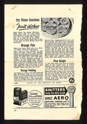 Ministry of Food advert - "Try these luscious fruit dishes - orange flan - orange pudding - plum delight"; 5578