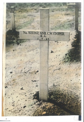 Copy of photograph - grave of Gnr Charles William Cooper no: 922262 R.A. - K.I.A. 01/07/1942; 1/07/1942; 35351 Copy of photograph - grave of Gnr Charles William Cooper no: 922262 R.A. - K.I.A. 01/07/1942; 1/07/1942; 35351