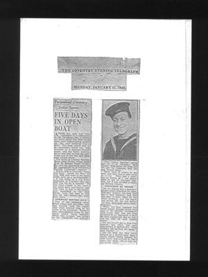 Press Cutting - "Five Days in Open Boat" - Coventry Evening Telegraph 11/01/1943 - Report Re: L/S Harry John Taylor Survival at Sea; 11/01/1943; 1852
