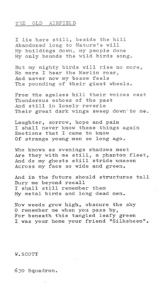 Poem - "The Old Airfield" by W. Scott - 630 squadron R.A.F.; 37762 Poem - "The Old Airfield" by W. Scott - 630 squadron R.A.F.; 37762