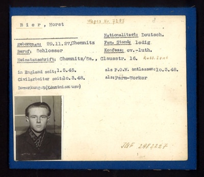German Eden Camp P.O.W. record card - Horst Bier - German - Dob 29/11/1927; 6572 German Eden Camp P.O.W. record card - Horst Bier - German - Dob 29/11/1927; 6572