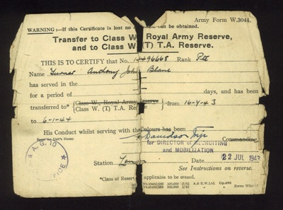 Army form W3044 - Transfer to Class "W" Royal Army Reserve - Pte A.J.B. Turner 14496668 - 22/07/1943; 22/07/1943; 5154
