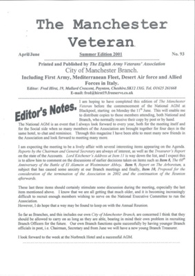 Manchester Veteran no: 93 - Newsletter of 8th Army Veterans Association - April/June 2001; 1/04/2001; 36201 Manchester Veteran no: 93 - Newsletter of 8th Army Veterans Association - April/June 2001; 1/04/2001; 36201