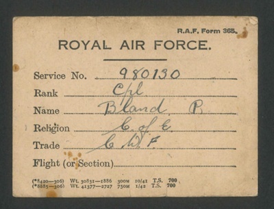 R.A.F. form 365 - "Absence authorised" pass - Cpl P. Bland 980130 R.A.F. - January 1942; 1/01/1942; 2010