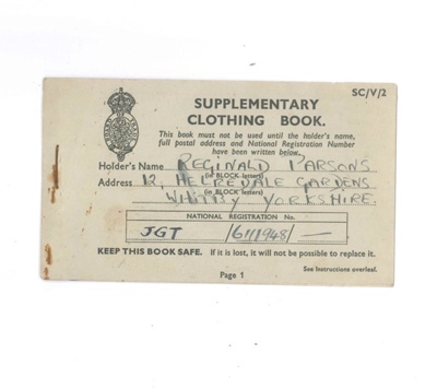 Board of Trade Supplementary Clothing Book - Reginald Parsons - Whitby; 36178 Board of Trade Supplementary Clothing Book - Reginald Parsons - Whitby; 36178