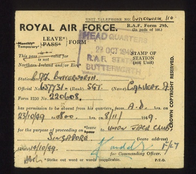 R.A.F. form 295 - leave pass - Sgt A. Calvert 637731 - R.A.F. Butterworth - Malaya - 23/10/1949; 23/10/1949; 2690 R.A.F. form 295 - leave pass - Sgt A. Calvert 637731 - R.A.F. Butterworth - Malaya - 23/10/1949; 23/10/1949; 2690