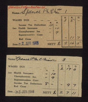 Wage slips (2) - Civil Defence ambulance section - havant - Miss P.M.C. Spence - 1944 & 1945; 3/06/1944; 9806