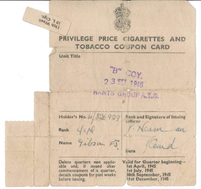 N.A.A.F.I. privilege price cigarette & tobacco coupon card - L/Cpl F.J. Gibson A.T.S. - 23/09/1946; 23/09/1946; 36696 N.A.A.F.I. privilege price cigarette & tobacco coupon card - L/Cpl F.J. Gibson A.T.S. - 23/09/1946; 23/09/1946; 36696