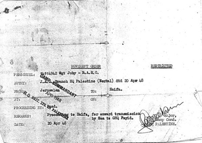 Copy of movement order - Sgt Juby - R.A.S.C. - Palestine - April 1948; 1/04/1948; 37819