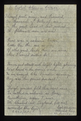 Personal account- 'an English soldier in Canada' 22.09.1941- Aldershot camp N.S. Canada, written by SGT Charles Cryer; 78863 Personal account- 'an English soldier in Canada' 22.09.1941- Aldershot camp N.S. Canada, written by SGT Charles Cryer; 78863