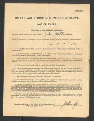 R.A.F. form 2168 - "Royal Air Force volunteer reserve" - John Stephenson - 15/04/1940; 15/04/1940; 34396