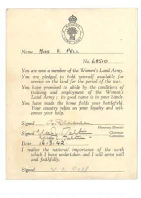 Membership Card - Women's Land Army - Miss V. Pell No: 68510 - 16/03/1942; 16/03/1942; 36536