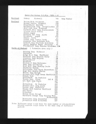 Photocopy - list of camps in Scotland and the north of England for German P.O.W.s - 1939-1945; 5493