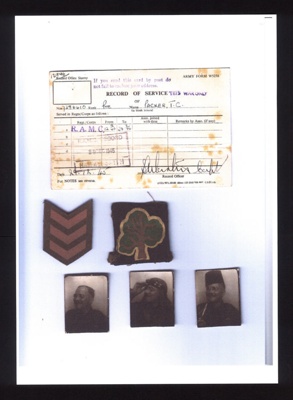 Photocopied record of service card, The Oak badge & photographs of Private Thomas Packer, solider in the R.A.M.C. ; 79125 Photocopied record of service card, The Oak badge & photographs of Private Thomas Packer, solider in the R.A.M.C. ; 79125