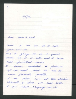 7 handwritten letters sent from Graham Hastings to his family during the Falklands War. ; 79688