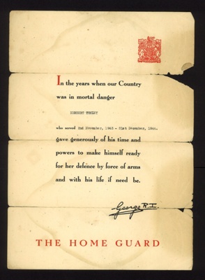 Certificate - for service in the Home Guard - Herbert Tunley - 02/11/1943 to 31/12/1944; 2/11/1943; 5795
