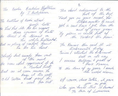 Handwritten copy of a poem titled the Berlin Butchers Nightmare - originally on the back of a postcard form World War one; 43147 Handwritten copy of a poem titled the Berlin Butchers Nightmare - originally on the back of a postcard form World War one; 43147