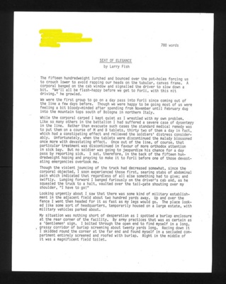 Typescript story - "Seat of Elegance" by Larry Fish - tale about wartime field lavatory in Italy; 1973